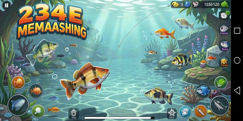 Screenshot gameplay 234E yang menampilkan aksi memancing yang seru.