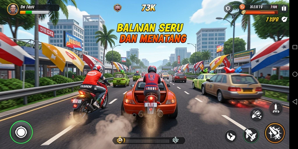 Screenshot gameplay 73K menampilkan aksi balapan yang cepat dan menarik.