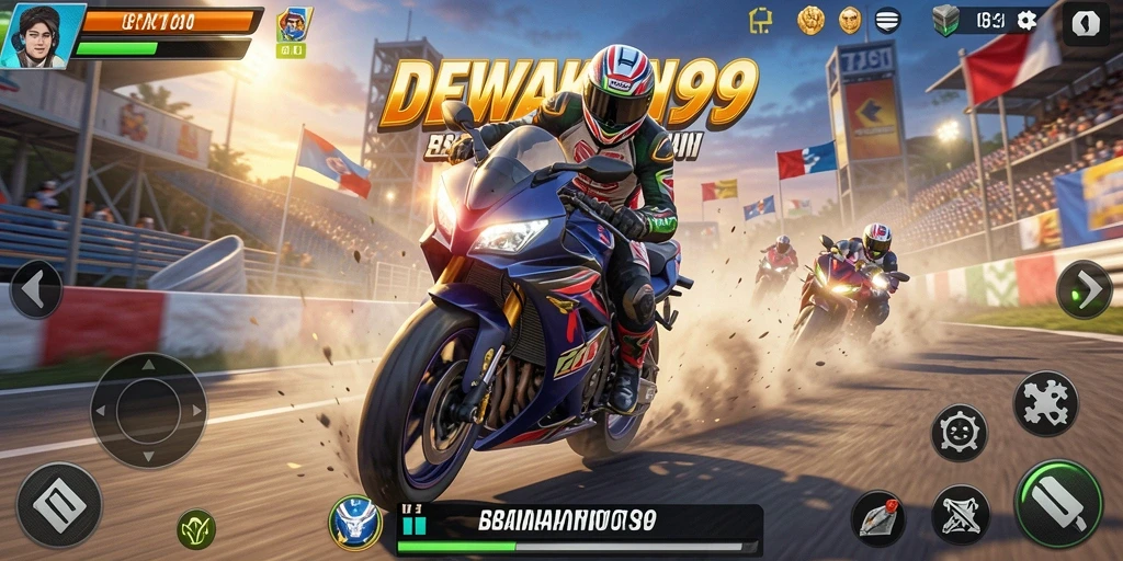 Screenshot utama DEWAKOIN99 menampilkan keseruan balapan motor.