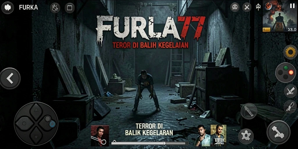 Screenshot FURLA77 menampilkan adegan menakutkan dalam suasana gelap.