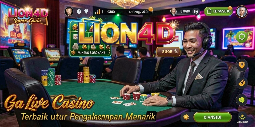 Screenshot gameplay LION4D menampilkan dealer live dan suasana kasino.