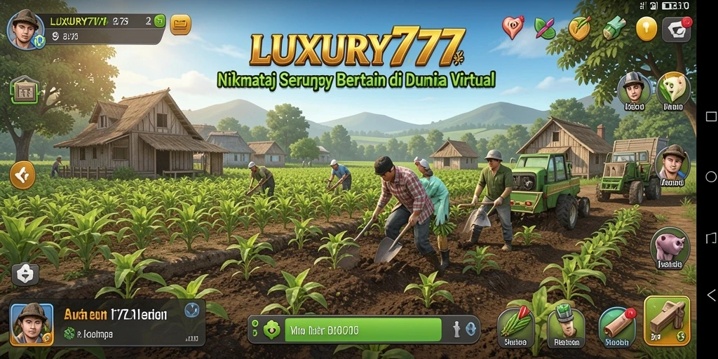 Screenshot gameplay LUXURY777 menampilkan ladang subur dan hewan ternak yang bahagia.