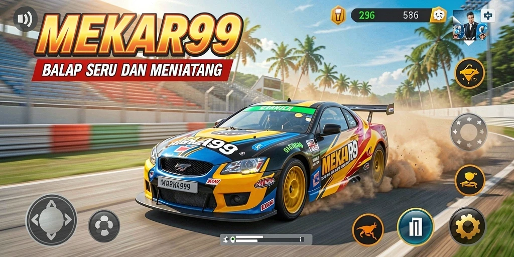 Gameplay MEKAR99 yang menarik dengan mobil balap di lintasan.