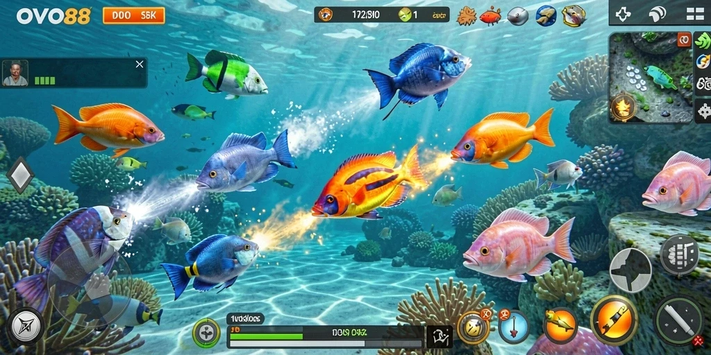 Screenshot gameplay OVO88 menampilkan aksi menembak ikan yang seru.
