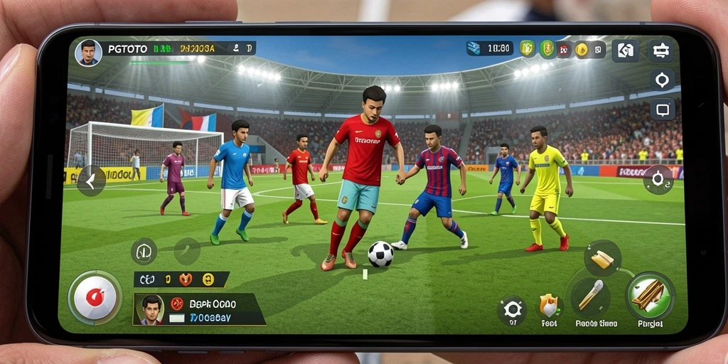 Tangkapan layar menampilkan aksi gameplay sepak bola yang seru.