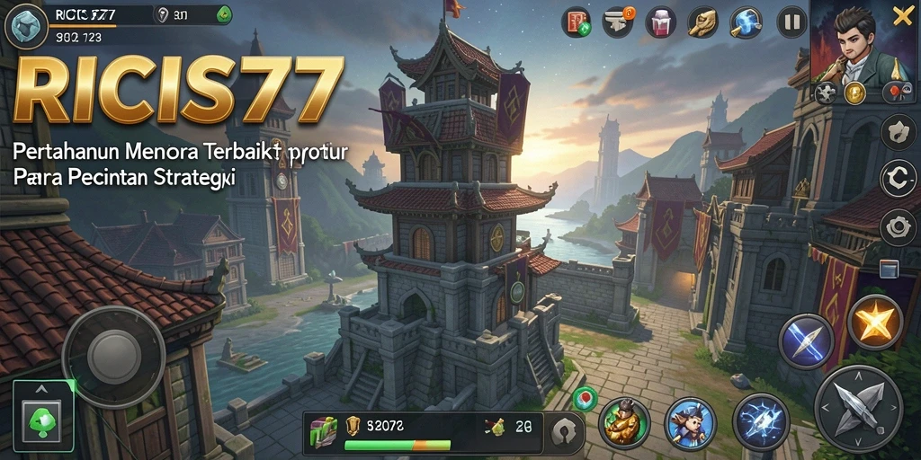Screenshot gameplay RICIS77 menunjukkan menara bertahan melawan musuh yang menyerang.