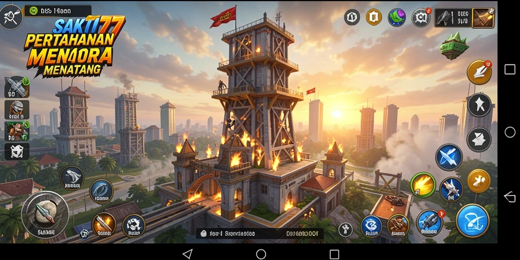 Screenshot menunjukkan gameplay seru dalam pertempuran Tower Defense.