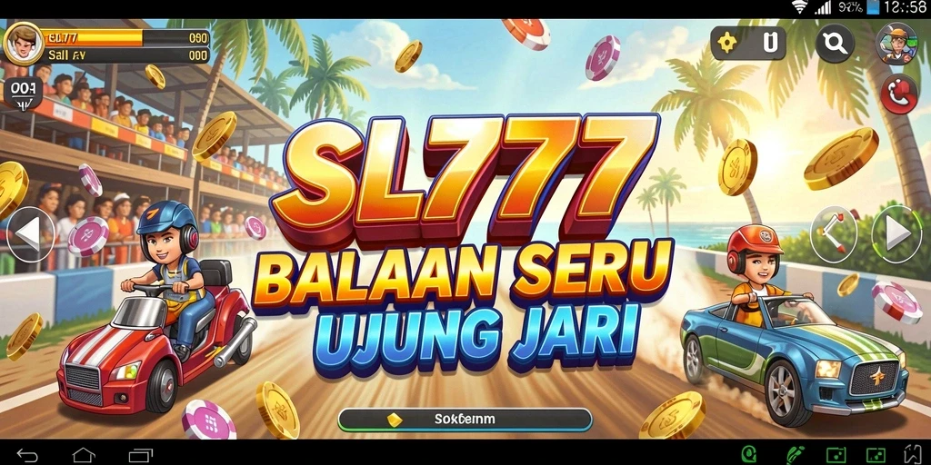 Gameplay SL777 yang mendebarkan dengan mobil balap melaju kencang.