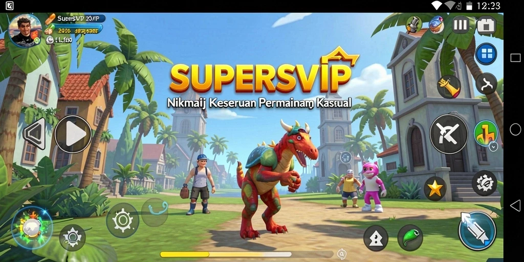Tampilan gameplay SUPERSVIP dengan karakter lucu dan tantangan seru.